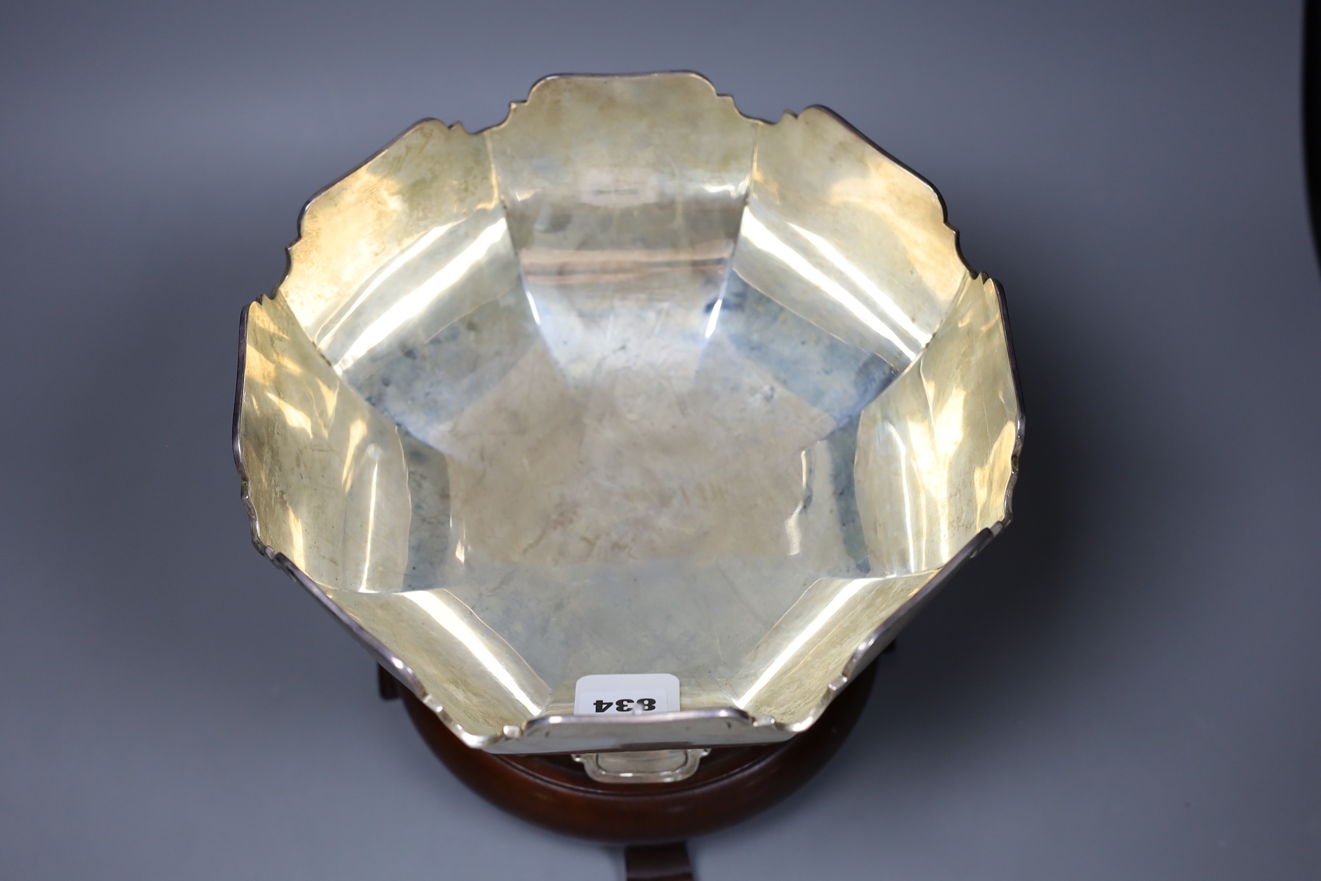 A George VI silver rose bowl, makers Mappin & Webb, Sheffield 1937, diameter 26cm, 38 oz., with original wooden plinth